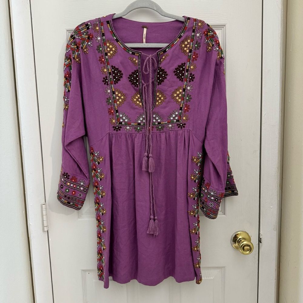Free People Embroidered Linen Dress Tunic Size XS Purple Tie Front Embellished